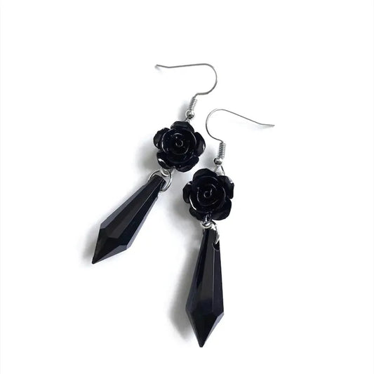 Goth Black Rose Earrings – Vintage Victorian Teardrop Bead Jewelry for Brides & Romantic Occasions