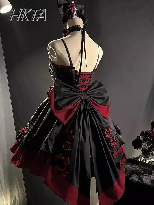 Gothic Lolita Y2K Black & Red Romantic JSK Dress – Fluffy Princess Cosplay Birthday Outfit for Women