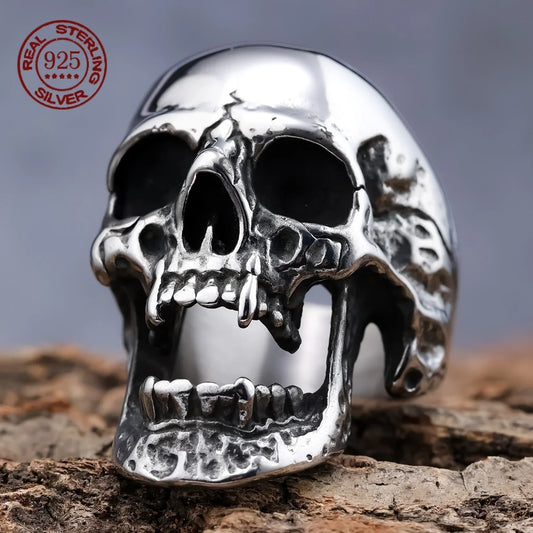 Vintage S925 Sterling Silver Skull Ring – Gothic Biker Vampire Style