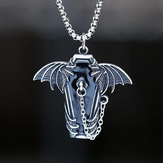 Gothic Coffin with Bat Pendant Necklace – 316L Stainless Steel Punk Biker Jewelry