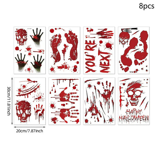 1PC Halloween Blood Handprint Skull Wall Sticker – PVC Horror Self-Adhesive Decoration for Bedroom Background