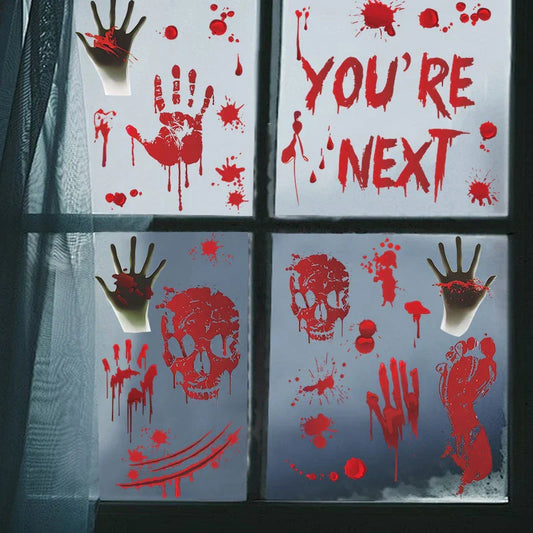 1PC Halloween Blood Handprint Skull Wall Sticker – PVC Horror Self-Adhesive Decoration for Bedroom Background