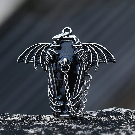 Gothic Coffin with Bat Pendant Necklace – 316L Stainless Steel Punk Biker Jewelry