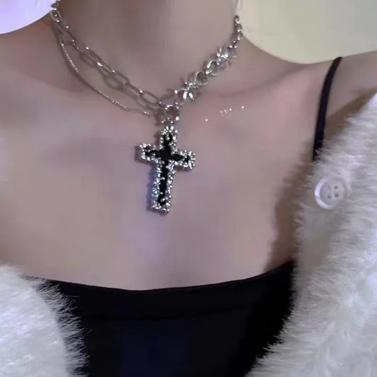 Gothic Punk Black Cross & Barbed Thorns Choker – Unisex Hip-Hop Pendant Necklace